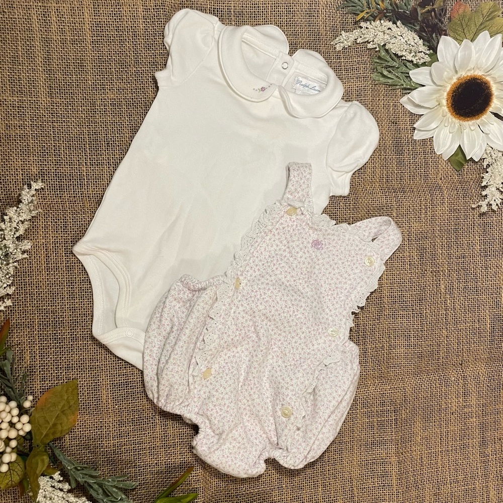 Ralph Lauren Cotton Embroidered Bodysuit and Toile Linen Bubble Shortall Set